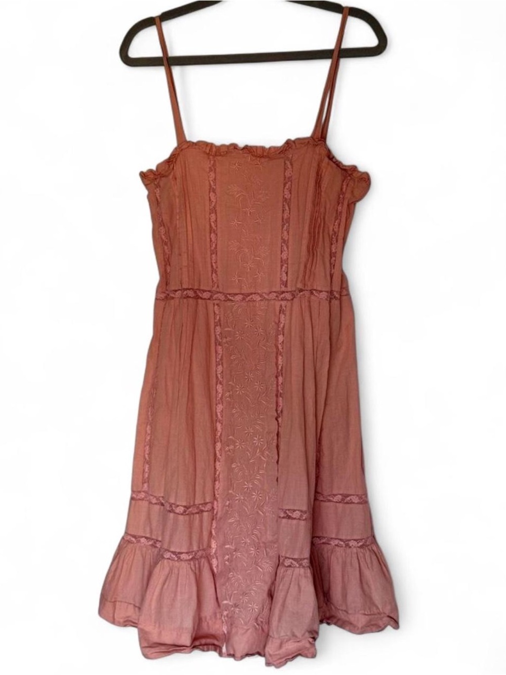 See by Chloé Muted Clay Embroidered Lace Ruffle Midi Dress Size 34 XS
